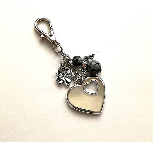 Kľúčenka "srdce" s minerálovým anjelikom (Obsidián vločkový)