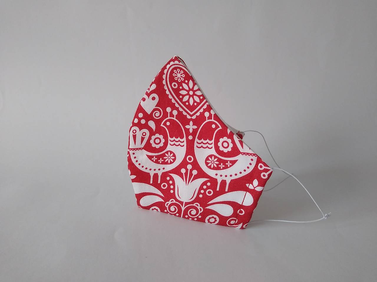 Dizajnové rúško vtáčik červené prémiové tvarované dvojvrstvové