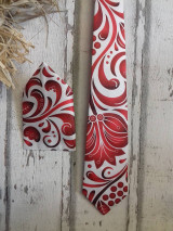 Pánske doplnky - FLORAL FOLK - kravata " Slovenská ornamentika" (pánska kravata + detský motýlik, vreckovka do saka , biely podklad červený ornament , folk set k sukni) - 12396377_