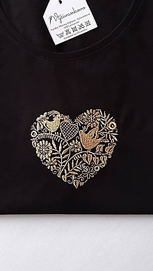 Topy, tričká, tielka - Čierne tričko so zlatou výšivkou ľudové srdce - 12412572_
