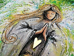 Obrazy - anjel s chlapcom a zlatým srdcom - zelený - 12418194_