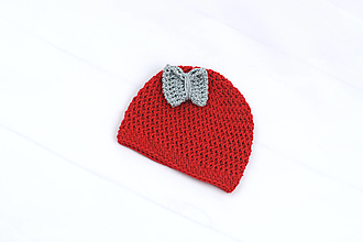 Detské čiapky - VÝPREDAJ! Červeno-šedá čiapka s mašličkou MERINO/BAVLNA - 12420114_