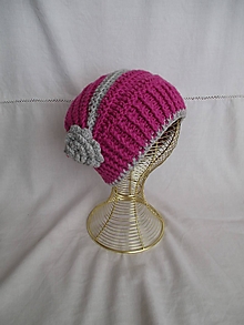Čiapky, čelenky, klobúky - Háčkovaná čiapka (ružovo-fialovo-sivá) - 12423611_