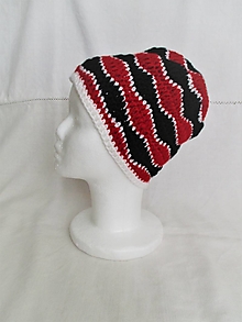 Čiapky, čelenky, klobúky - Háčkovaná čiapka (červeno-čierno-biela) - 12423894_