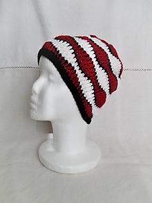 Čiapky, čelenky, klobúky - Háčkovaná čiapka (červeno-bielo-čierna) - 12423907_