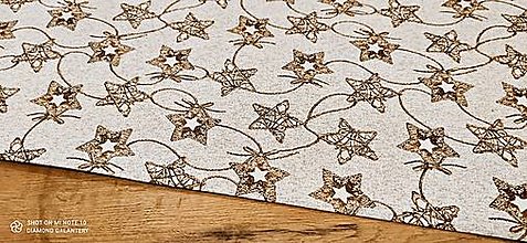 Textil - Látka pretkávaná lurexovou niťou - Hviezdičky na zlatom - cena za 10 cm - 12440677_