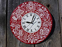 Hodiny - Červené hodiny s Vajnorským ľudovým ornamentom - 12450003_