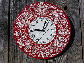 Hodiny - Červené hodiny s Vajnorským ľudovým ornamentom - 12450003_