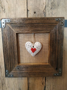 Obrazy - Obraz s rámom zo starého dreva - keramické srdce - 12455146_