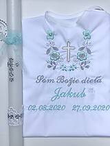 Detské oblečenie - K14 - košieľka na krst mentolovo-šedá + Sviečka na krst strieborný krížik s mentolovou suhou - 12468916_