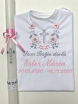 Detské oblečenie - K14- košieľka na krst ružovo-šedá + Sviečka na krst strieborný krížik s ružovou stuhou - 12473042_