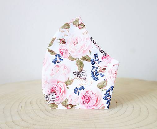  - Dizajnové tvarované 2 a 3 vrstvové ochranné rúško -  100% bavlna - dámy - kvetinové vzory3 (Ruže a motýle M) - 12475808_