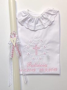 Detské oblečenie - krstová košieľka k01 bielo ružová a sviečka na krst ružové zdobenie - 12478144_