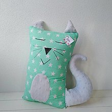 Detský textil - Vankúš mačka  (Mint s bielymi hviezdami) - 12488144_