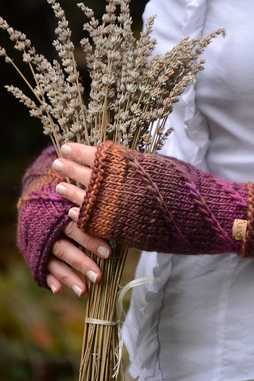  - Dámske rukavice CATHY, hnedo-fialové, 100% merino (Bezprstové) - 12485421_