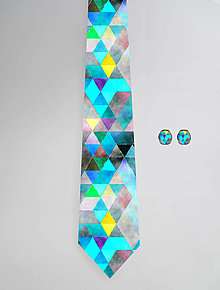 Pánske doplnky - DIZAJNOVÝ SET pre pánov: kravata & manžetové gombíky (Trojuholník tyrzkysový) - 12501273_