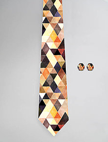 Pánske doplnky - DIZAJNOVÝ SET pre pánov: kravata & manžetové gombíky (Trojuholník hnedý) - 12501275_