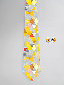 Pánske doplnky - DIZAJNOVÝ SET pre pánov: kravata & manžetové gombíky (Trojuholník žltý) - 12501276_
