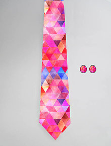 Pánske doplnky - DIZAJNOVÝ SET pre pánov: kravata & manžetové gombíky (Trojuholník ružový) - 12501280_