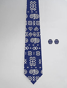 Pánske doplnky - DIZAJNOVÝ SET pre pánov: kravata & manžetové gombíky (Čičmany modrá) - 12509152_