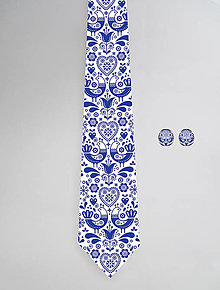 Pánske doplnky - DIZAJNOVÝ SET pre pánov: kravata & manžetové gombíky (Modré vtáčiky na bielej) - 12509154_