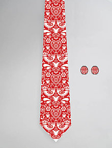 Pánske doplnky - DIZAJNOVÝ SET pre pánov: kravata & manžetové gombíky (Biele vtáčiky na červenej) - 12509155_