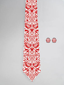 Pánske doplnky - DIZAJNOVÝ SET pre pánov: kravata & manžetové gombíky (Červené vtáčiky na bielej) - 12509159_