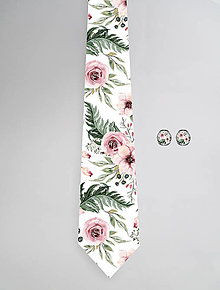 Pánske doplnky - DIZAJNOVÝ SET pre pánov: kravata & manžetové gombíky (V záhrade biela) - 12509166_