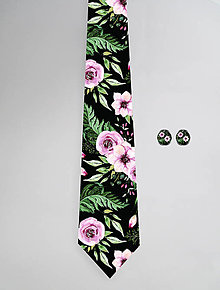 Pánske doplnky - DIZAJNOVÝ SET pre pánov: kravata & manžetové gombíky (V záhrade čierna) - 12509167_