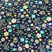 Textil - kvetinky na tmavomodrej, 100 % bavlna Anglicko, šírka 140 cm - 12507375_