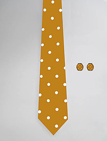 Pánske doplnky - DIZAJNOVÝ SET pre pánov: kravata & manžetové gombíky (Bodky na horčicovej) - 12509774_
