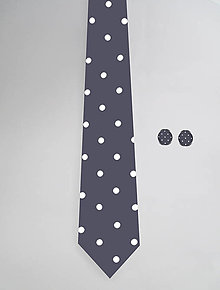 Pánske doplnky - DIZAJNOVÝ SET pre pánov: kravata & manžetové gombíky (Bodky na tmavošedej) - 12509775_