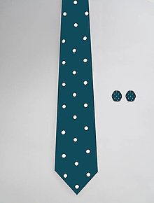 Pánske doplnky - DIZAJNOVÝ SET pre pánov: kravata & manžetové gombíky (Bodky na zelenomodrej) - 12509779_