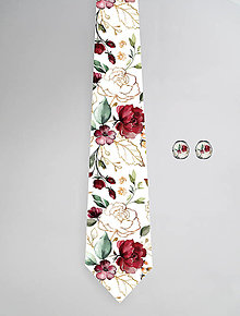 Pánske doplnky - DIZAJNOVÝ SET pre pánov: kravata & manžetové gombíky (Zlaté kvety biela) - 12511333_