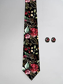 Pánske doplnky - DIZAJNOVÝ SET pre pánov: kravata & manžetové gombíky (Zlaté kvety čierna) - 12511335_