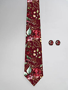 Pánske doplnky - DIZAJNOVÝ SET pre pánov: kravata & manžetové gombíky (Zlaté kvety bordová) - 12511336_