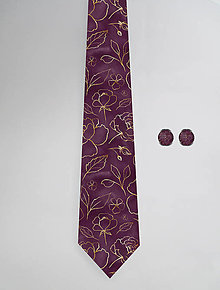 Pánske doplnky - DIZAJNOVÝ SET pre pánov: kravata & manžetové gombíky (Zlaté kvety fialová) - 12511338_