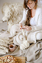 Úžitkový textil - Hrubá hrejivá pletená vlnená deka 100x160cm - prírodná vlna, hodváb, alpaka - 12511391_
