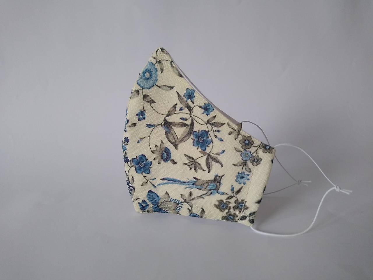 Dizajnové ľanové rúško vtáčiky modré