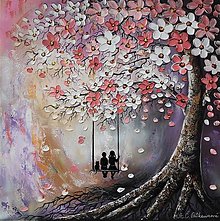 Obrazy - Rodinný strom staro-ružový s deťmi a mačičkou - 12520799_