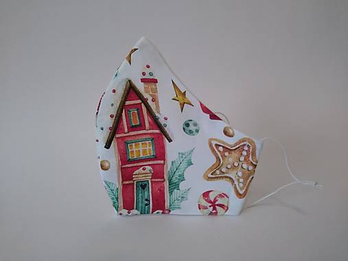 Dizajnové rúško vianočný domček prémiová bavlna antibakteriálne s časticami striebra dvojvrstvové tvarované