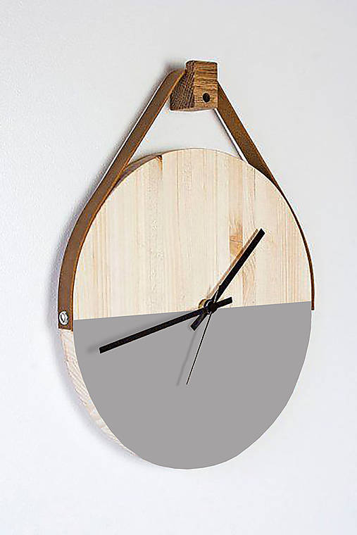 Hodiny - HODINY ART s koženým pruhom na zavesenie (Svetlošedá) - 12539295_