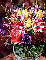 Akvarelový obraz "Ruže a tulipány"