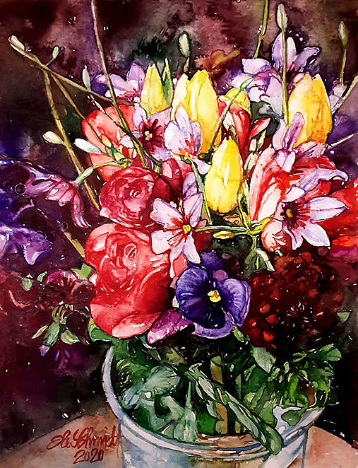 Akvarelový obraz "Ruže a tulipány"