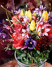 Obrazy - Akvarelový obraz "Ruže a tulipány" - 12540498_