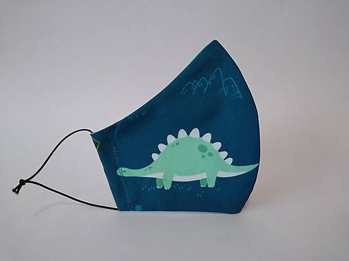 Dizajnové rúško dinosaury modré výberová bavlna dvojvrstvové tvarované