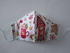 Rúška - Dámske dizajnové rúško prémiová bavlna antibakteriálne s časticami striebra dvojvrstvové tvarované (Vianočný domček) - 12553073_