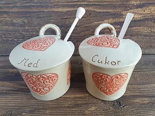Nádoby - Súprava cukor + med Srdcia ornament   300ml (Set med + cukor) - 12573618_