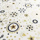 Textil - vianočné vločky so zlatotlačou, 100 % bavlna Francúzsko, šírka 140 cm - 12578638_