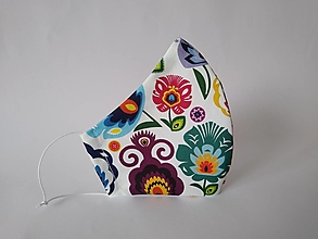 Rúška - Dizajnové rúško folkové kvety väčší vzor biele prémiové tvarované dvojvrstvové - 12584687_